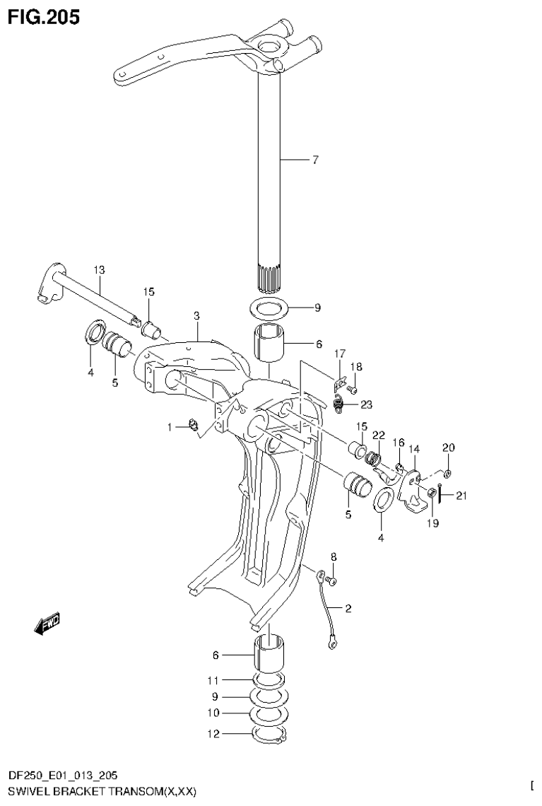Suzuki DF200T, DF200Z, DF225T, DF225Z, DF250T, DF250Z SWIVEL BRACKET TRANSOM(X,XX) (DF250Z E1) parts diagram